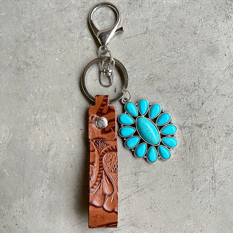 Wholesale 2pcs Vintage Embossed Cowhide Western Style Turquoise Pumpkin Flower Textured Cowhide Keychains